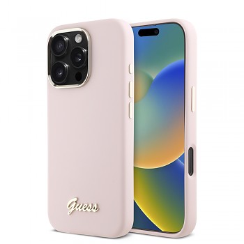 Guess - silikonový kryt s kovovým logem a rámečkem iPhone 16 Pro růžový