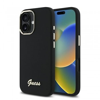 Guess Silicone Script Metal Logo & Frame pouzdro iPhone 16 Plus černé