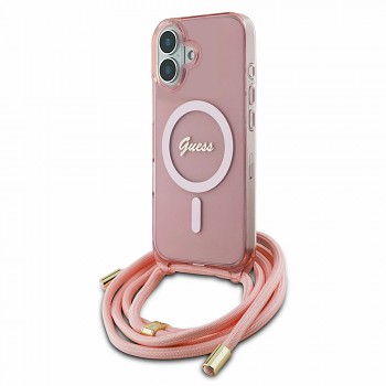 Guess IML Crossbody Cord Script MagSafe iPhone 16 Růžová