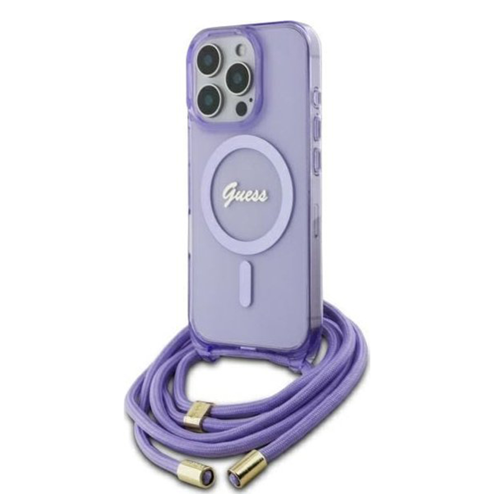 Levně Guess IML Crossbody Cord Script MagSafe iPhone 16 Pro Fialová