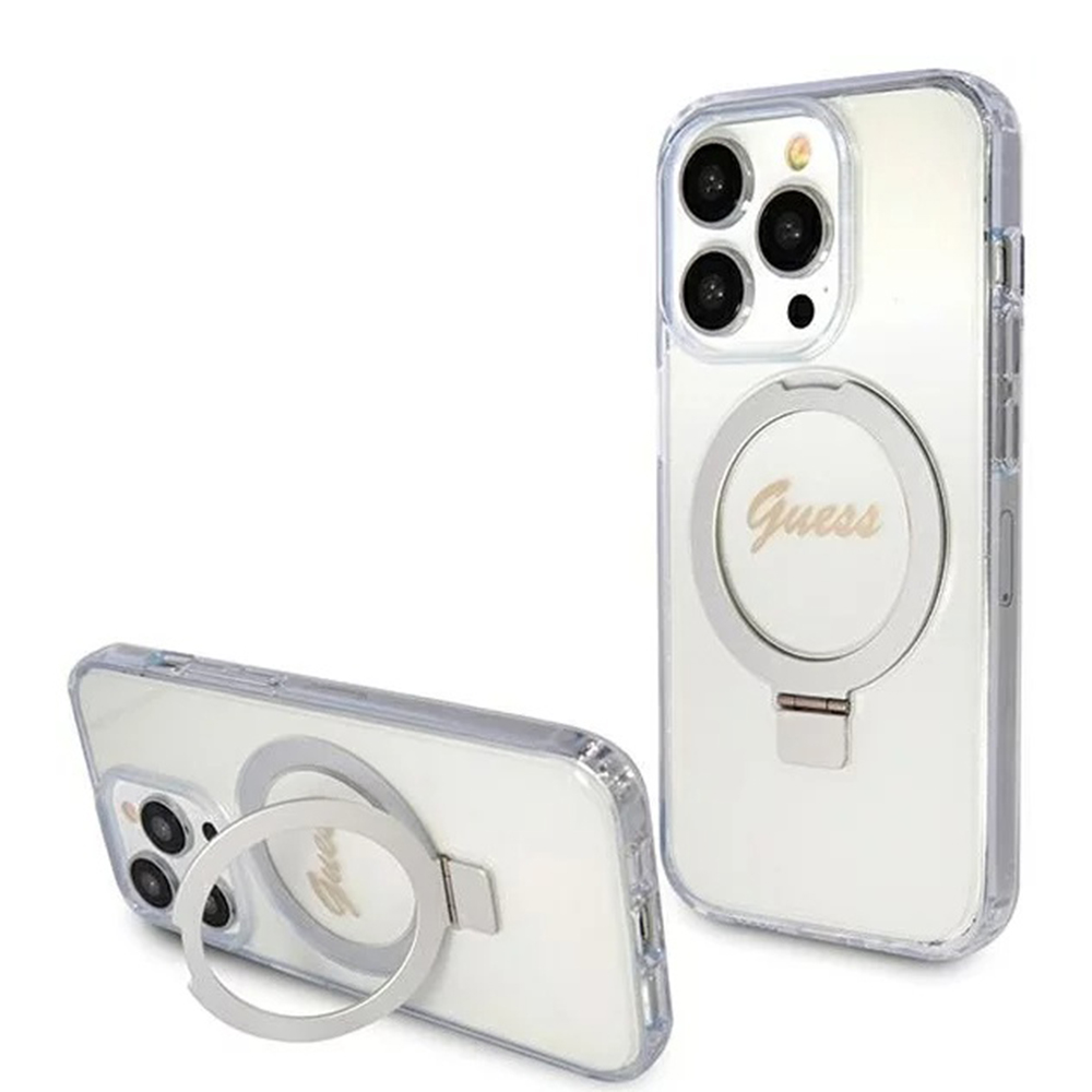 Levně Guess Ring Stand Script Glitter MagSafe iPhone 15 Pro průhledný