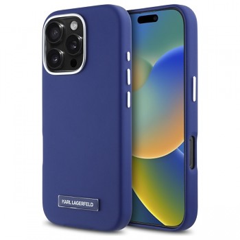 Karl Lagerfeld Leather MagSafe pouzdro iPhone 16 Pro Max modrá FW Metal Plate