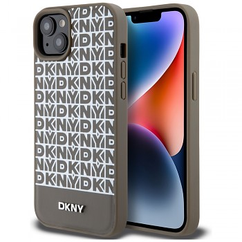DKNY Leather Printed Pattern Metal Logo MagSafe iPhone 15 Hnědá