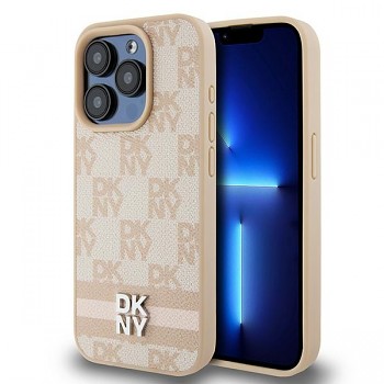 DKNY Leather Checkered Mono Pattern Printed Stripes iPhone 15 Pro růžová