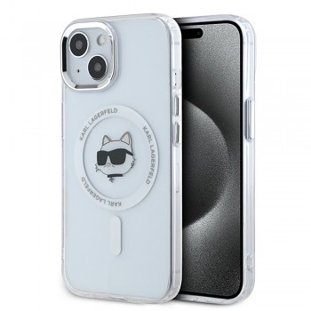 Karl Lagerfeld IML MagSafe iPhone 15 Bílá Metalická Choupette's Head
