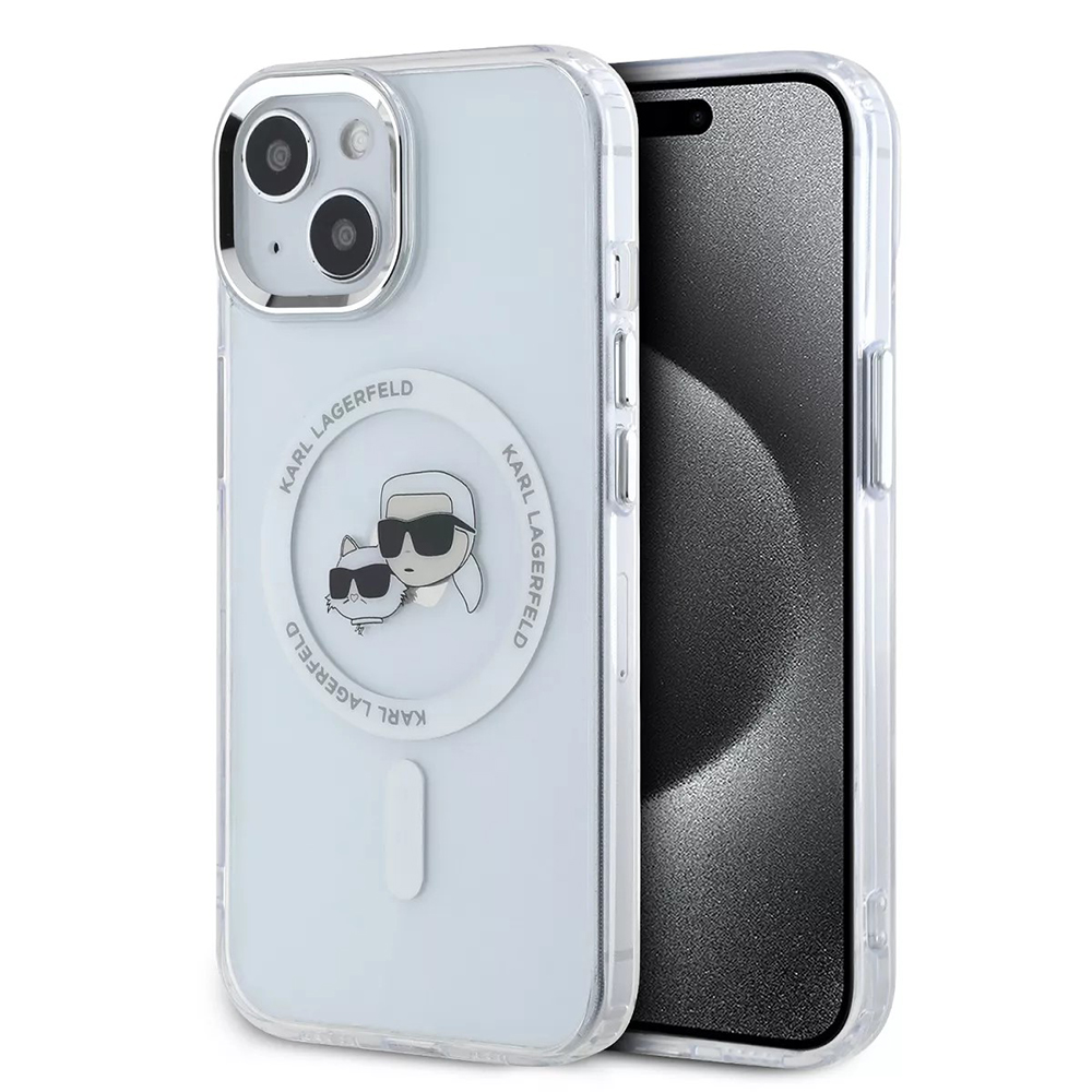 Levně Karl Lagerfeld IML MagSafe iPhone 15 Bílý Metal Karl&Choupette Heads