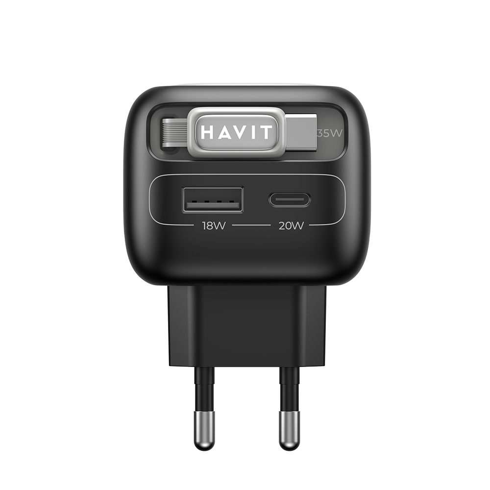 Nabíječka Havit UC251 EU s výsuvným kabelem Type-C USB GaN 35W černá šedá