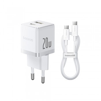 Baseus Wall Charger Palm 2v1 Rychlonabíječka USB USB-C 20W 5V/3.0A 1m Měsíční bílá