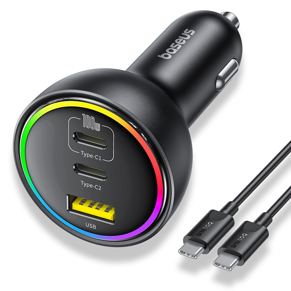 Baseus Car Charger 2x USB-C USB 152.5W Rychlé Nabíjení RGB USB-C Kabel Černá