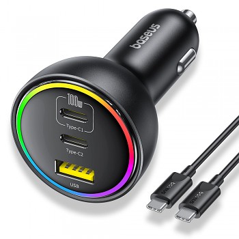 Baseus Car Charger 2x USB-C USB 152.5W Rychlé Nabíjení RGB USB-C Kabel Černá