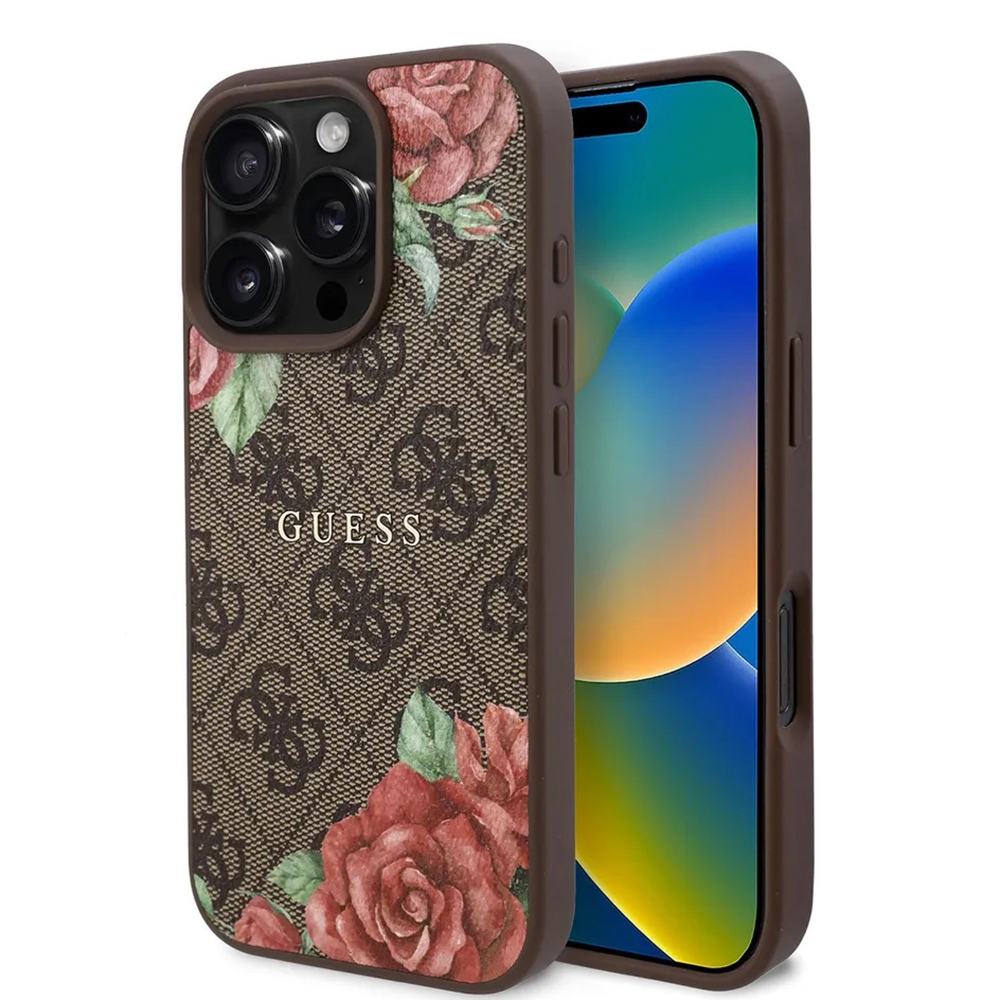 Guess Hardcase 4G Flower Print MagSafe iPhone 16 Pro Max hnědý
