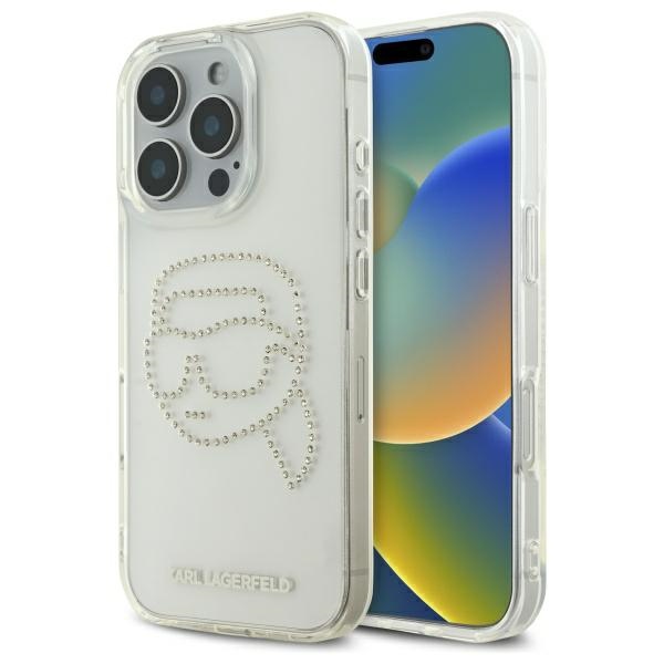 Levně Karl Lagerfeld IML Rhinestones iPhone 16 Pro Max průhledný Karl Head