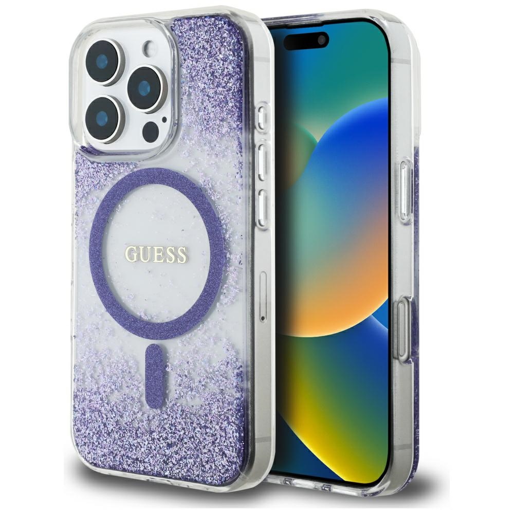 Levně Guess Resin Bottom Glitter MagSafe pro iPhone 16 Pro fialová