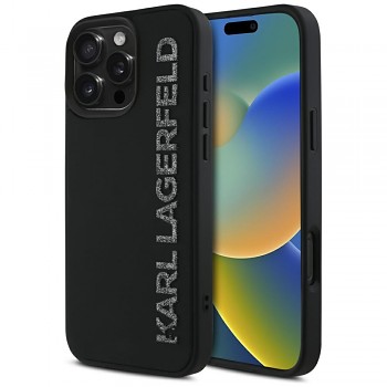 Karl Lagerfeld 3D Design iPhone 16 Pro černé gumové prodloužené třpytivé logo