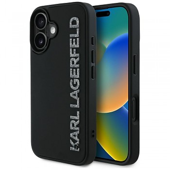 Karl Lagerfeld 3D Design iPhone 16 černé gumové prodloužené třpytivé logo