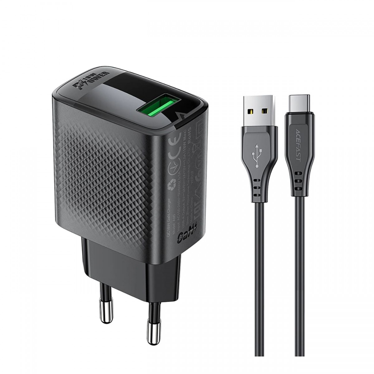Levně Acefast Wall Charger Set A90 s kabelem Type-C USB 18W GaN technologie černý