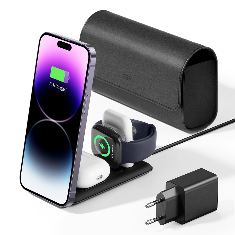 Levně ESR Premium 3v1 cestovní bezdrátová nabíječka s taškou pro iPhone Apple Watch AirPods Qi2 15W černá