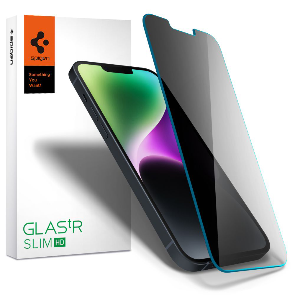 Levně Spigen Glas.tR Slim pro iPhone 13 13 Pro 14 16e Privacy černá