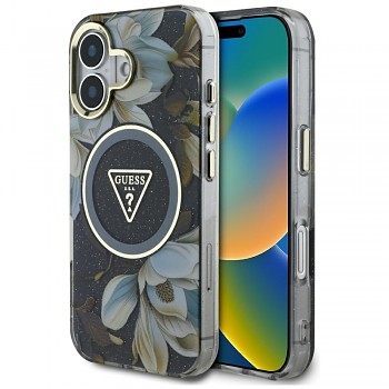 Guess IML Metal Glitter Flowers Triangle MagSafe iPhone 16 černá