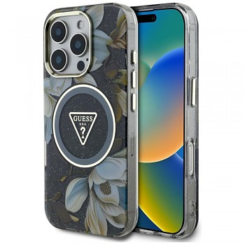 Guess IML Metal Glitter Flowers Triangle MagSafe iPhone 16 Pro černý