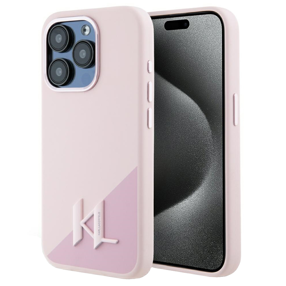 Levně Karl Lagerfeld Silicone MagSafe iPhone 15 Pro růžový Shadow Metal Initial