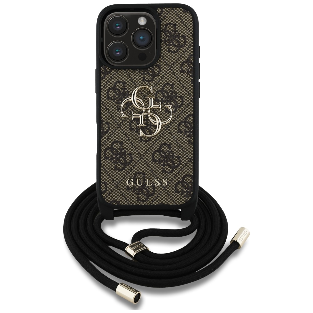 Levně Guess Hardcase 4G Big Logo s popruhem iPhone 16 Pro hnědý