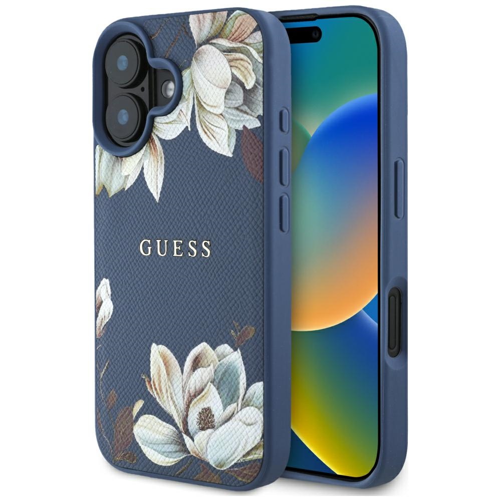 Levně Guess Grained Flowers MagSafe GUHMP16SPGNMPLMB iPhone 16 Modrá
