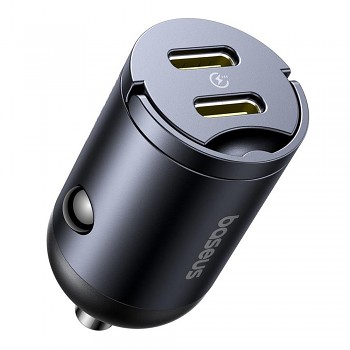 Baseus Car Charger Tiny Star Mini 2x Type-C 30W s vestavěným úchytem černý