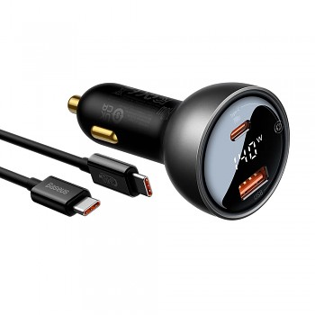 Baseus Car Charger USB QC3.0 Type-C PD3.1 140W Digitální Displej 16A + Type-C Kabel 240W 1m Černá