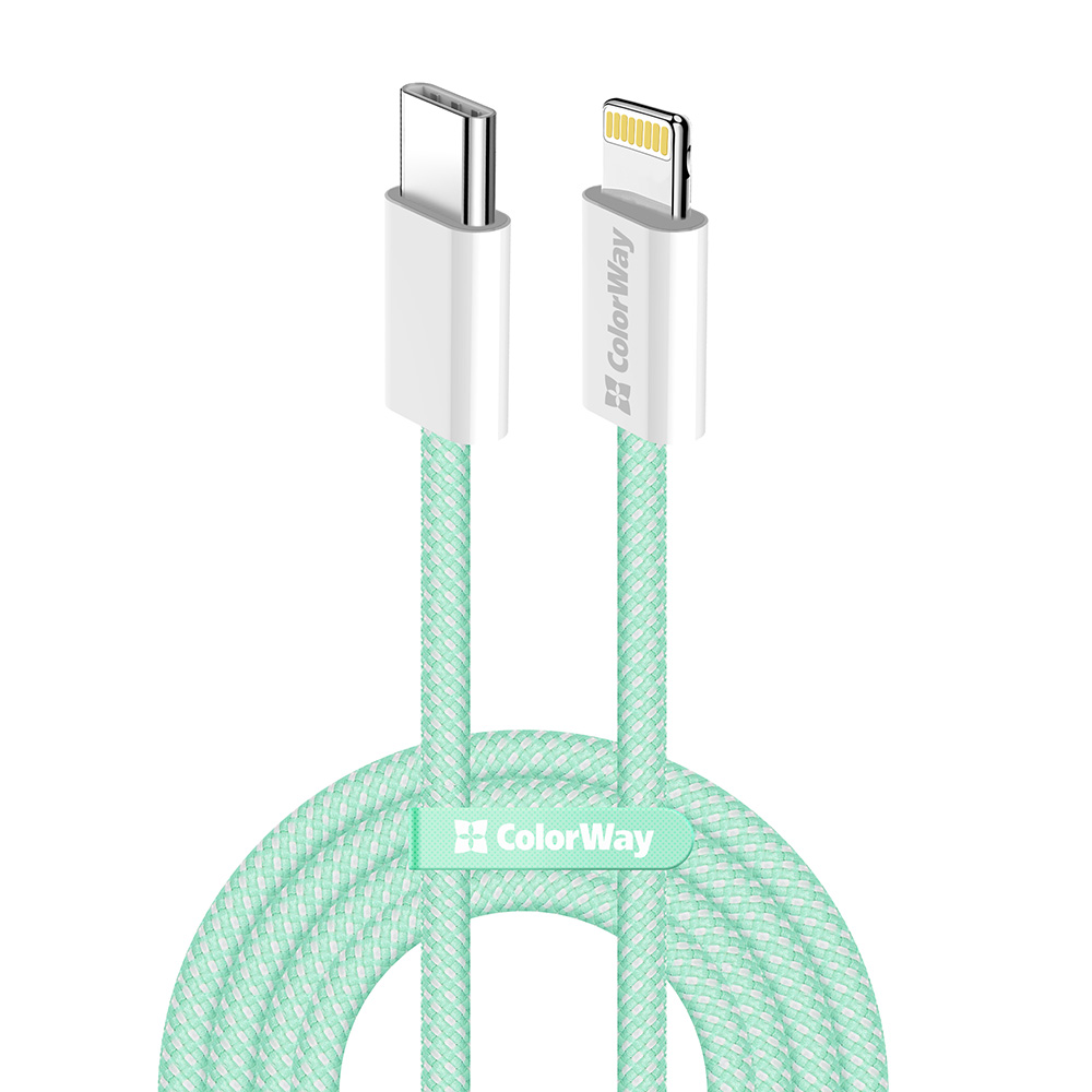 Levně ColorWay Data Cable CW-CBPDCL061-G Type-C na Apple Lightning PD 27W 3A 480Mbps Nylon 1m zelená