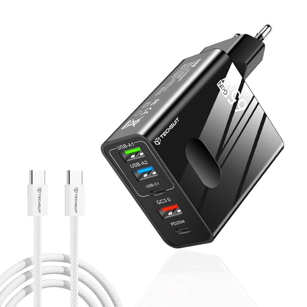 Levně Nabíječka na zeď Techsuit PentaXPower 3x USB 2x Type-C 65W 1m černá