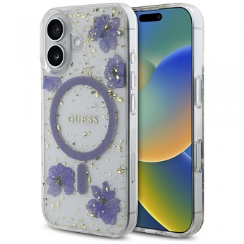 Guess Hardcase Resin Flowers and Glitter MagSafe iPhone 16 Fialová