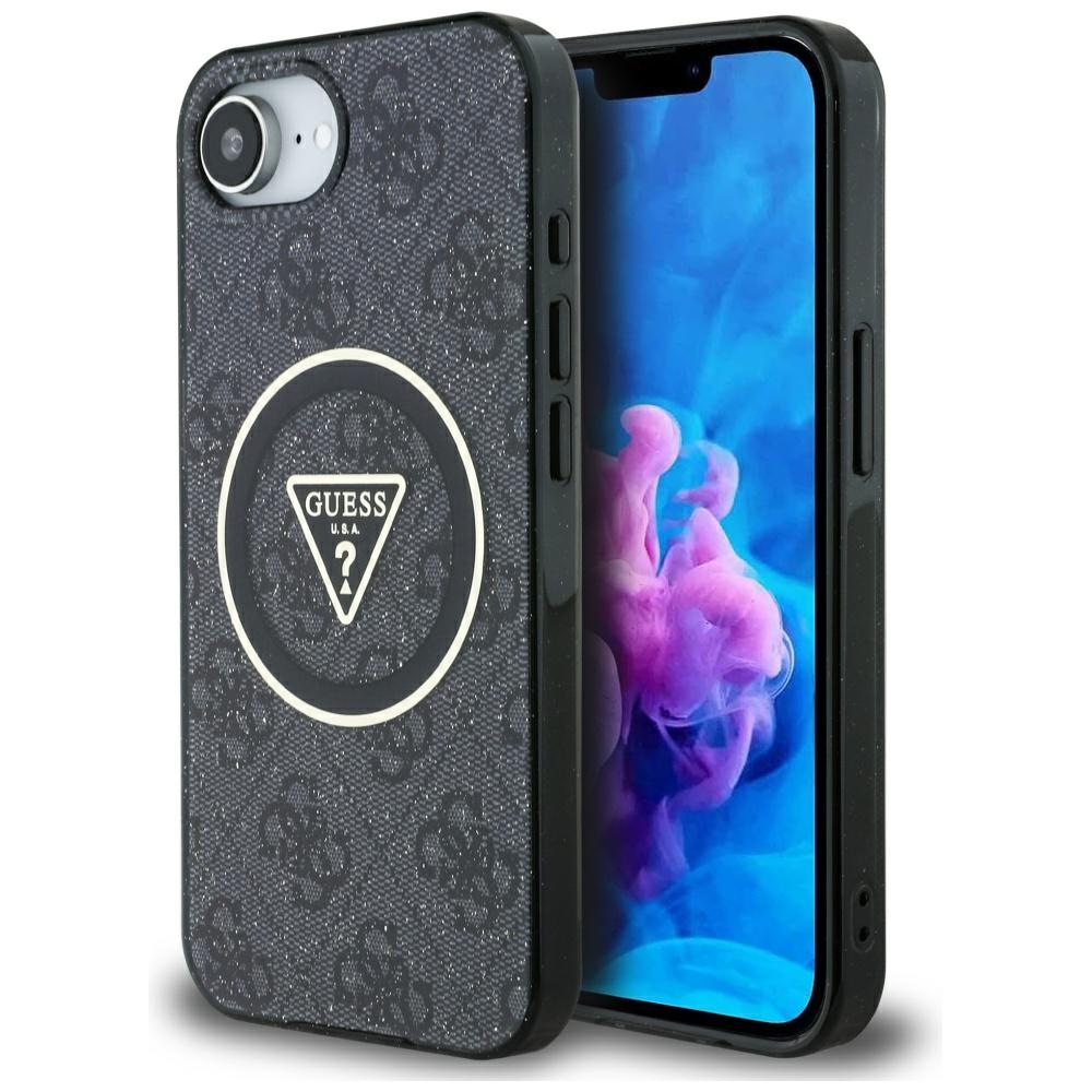 Levně Guess IML Metal Glitter 4G Circle Triangle MagSafe iPhone 16e černá