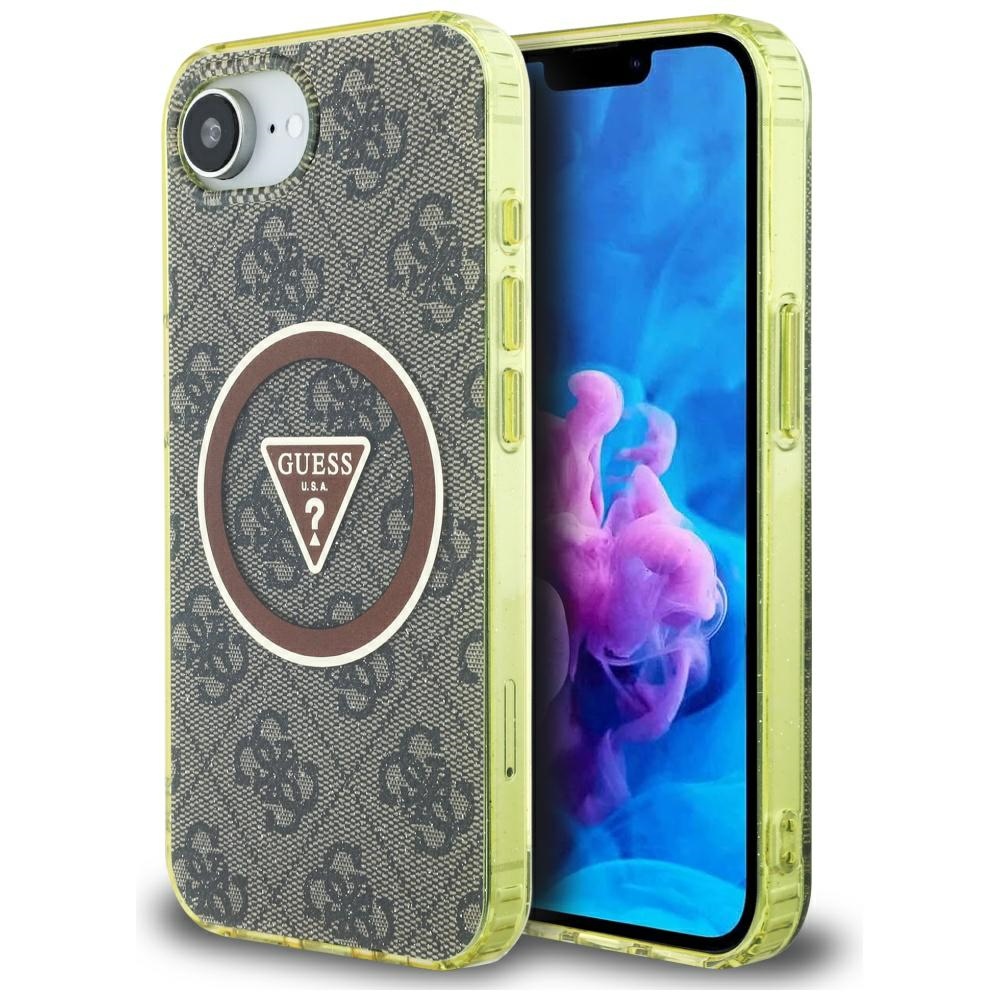 Levně Guess IML Metal Glitter 4G Circle Triangle MagSafe iPhone 16e hnědý