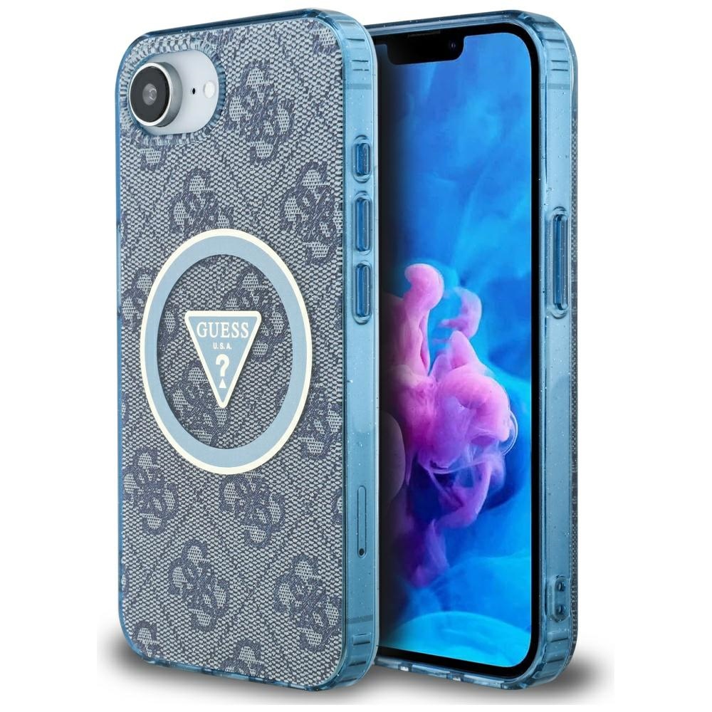 Levně Guess IML Metal Glitter 4G Circle Triangle MagSafe iPhone 16e modrá