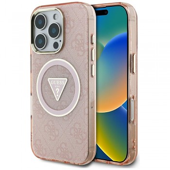 Guess IML Metal Glitter 4G Circle Triangle MagSafe iPhone 16 Pro růžová
