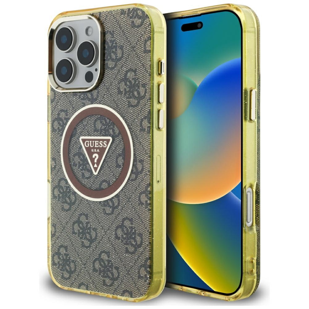 Levně Guess IML Metal Glitter 4G Circle Triangle MagSafe iPhone 16 Pro hnědý