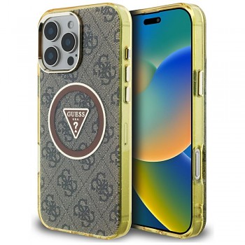 Guess IML Metal Glitter 4G Circle Triangle MagSafe iPhone 16 Pro hnědý