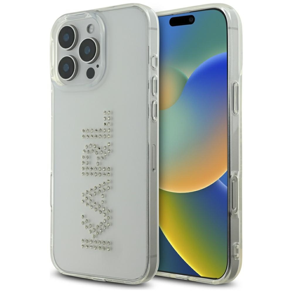 Levně Karl Lagerfeld IML Rhinestones iPhone 16 Pro průhledné logo