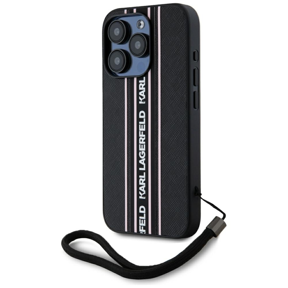 Levně Karl Lagerfeld Saffiano Athleisure Stripes Cord iPhone 15 Pro růžová