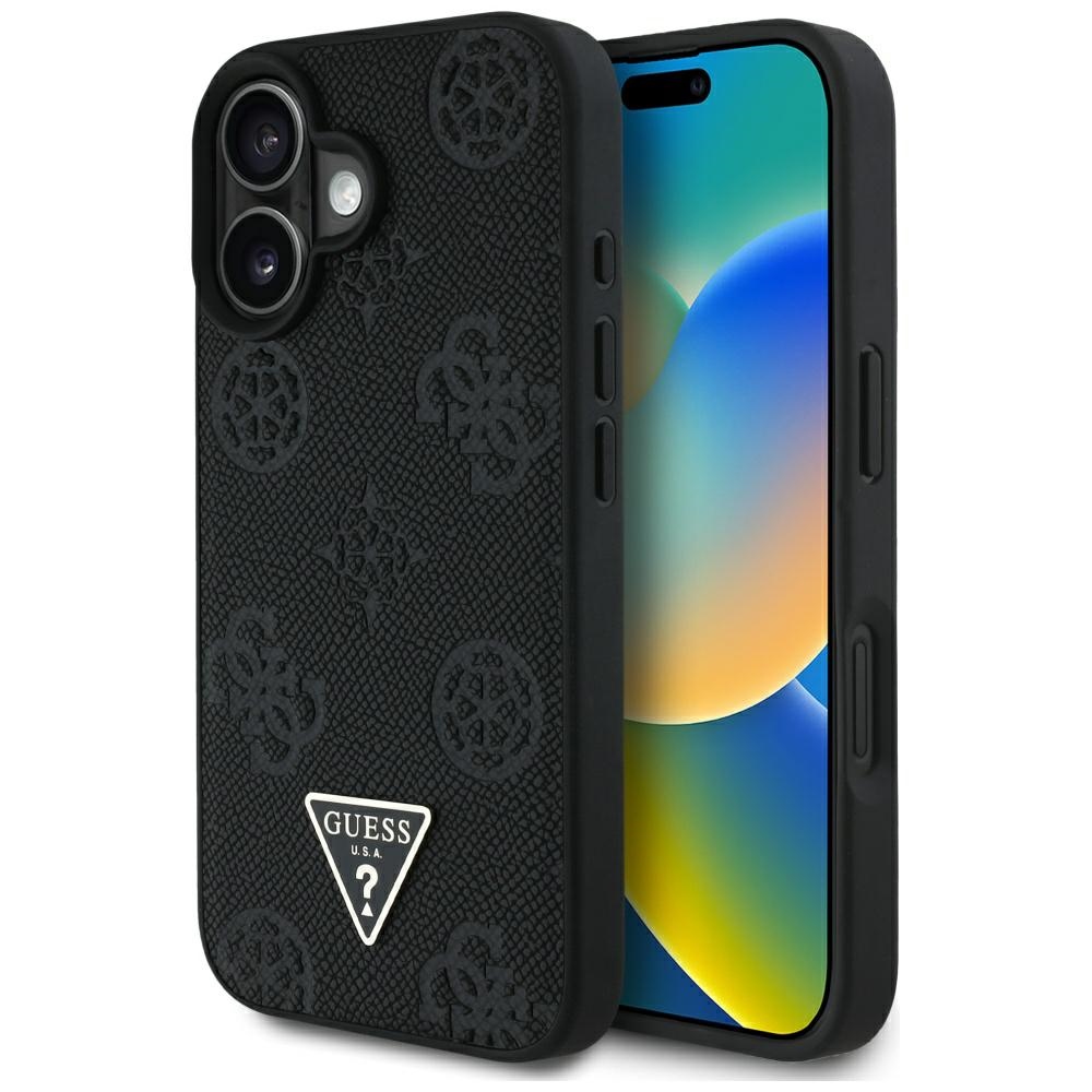Levně Guess Peony Grained Hot Stamp Triangle MagSafe iPhone 16 černá