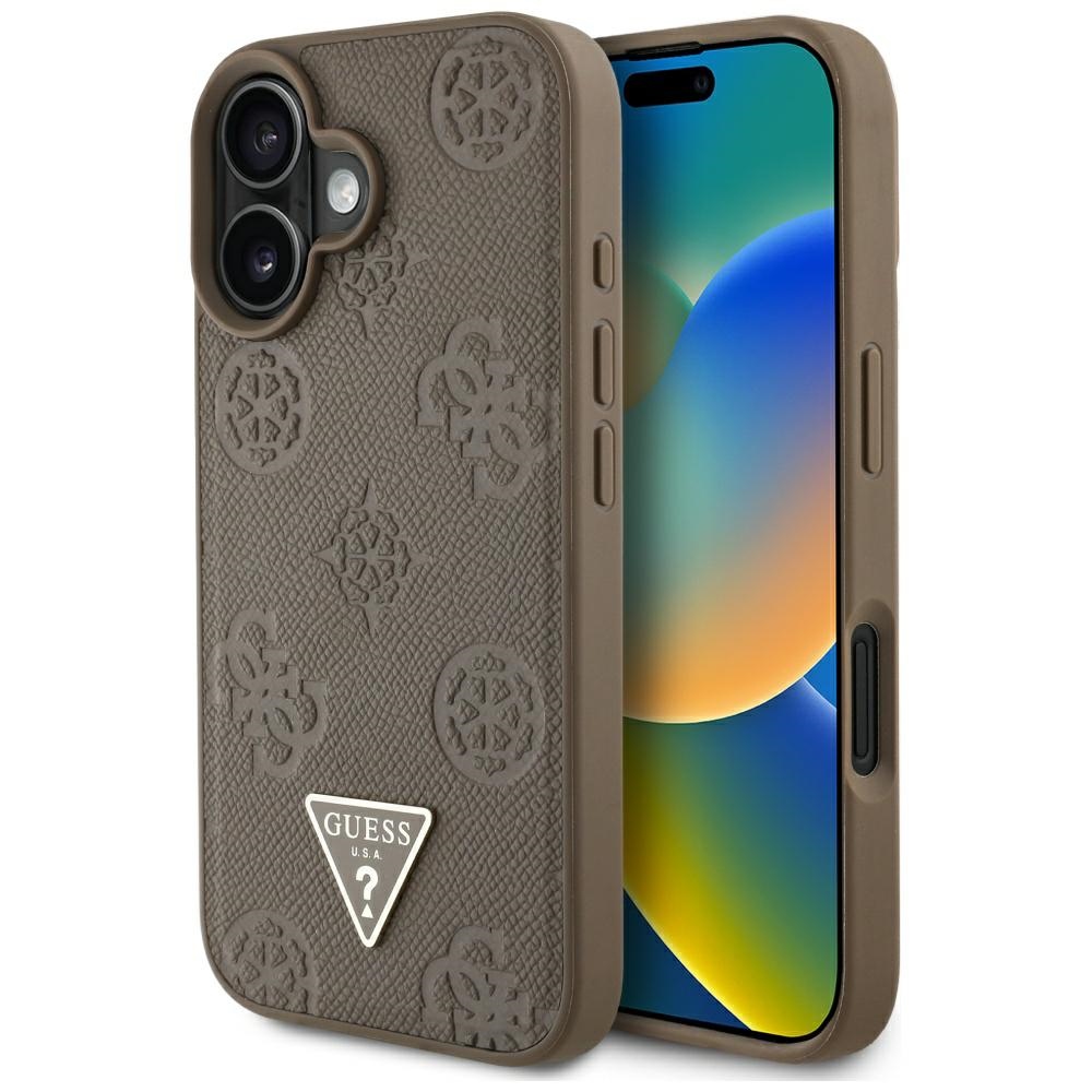 Levně Guess Peony Grained Hot Stamp Triangle MagSafe iPhone 16 Hnědý