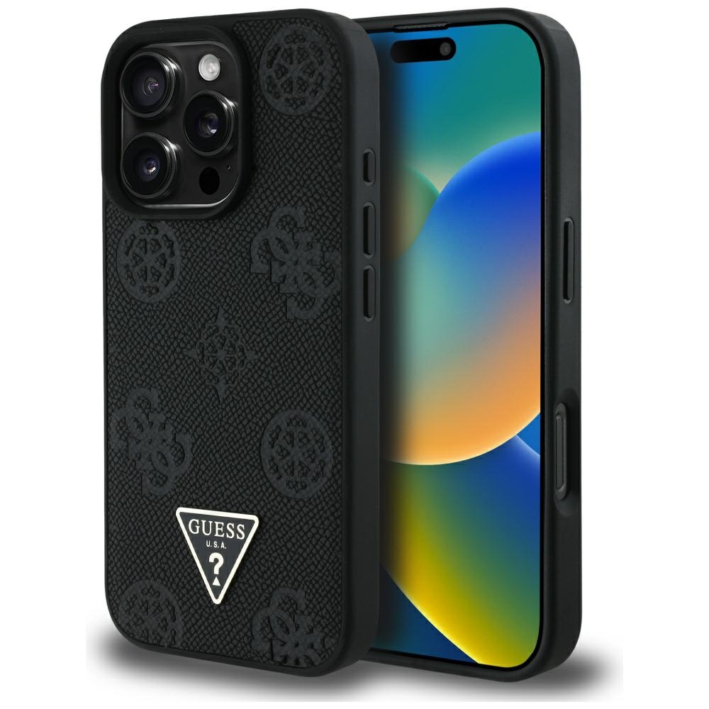Levně Guess Peony Grained Hot Stamp Triangle MagSafe iPhone 16 Pro černá
