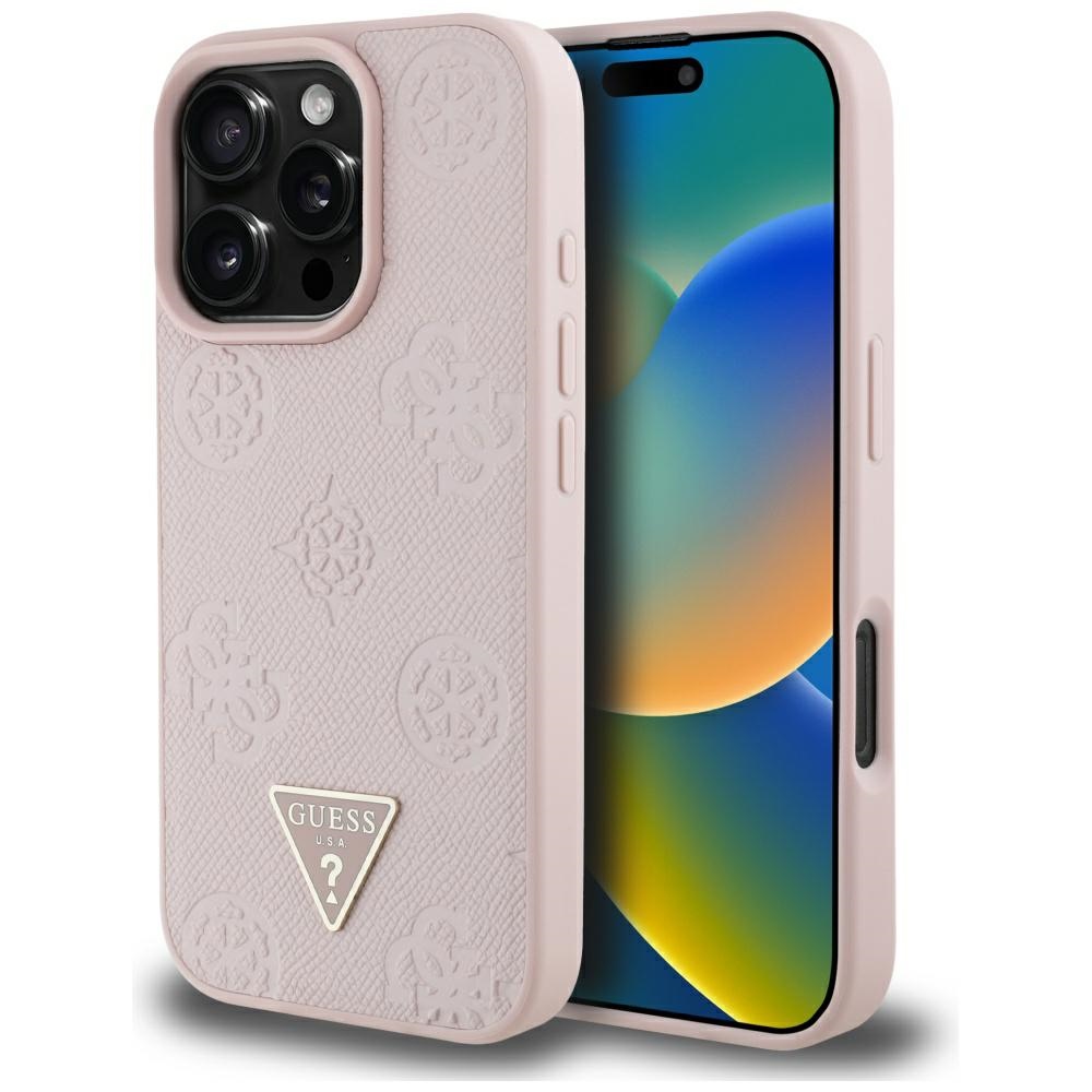 Levně Guess Peony Grained Hot Stamp Triangle MagSafe iPhone 16 Pro růžová