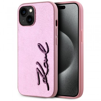 Karl Lagerfeld Hardcase Leather iPhone 15 Růžová Metal Signature