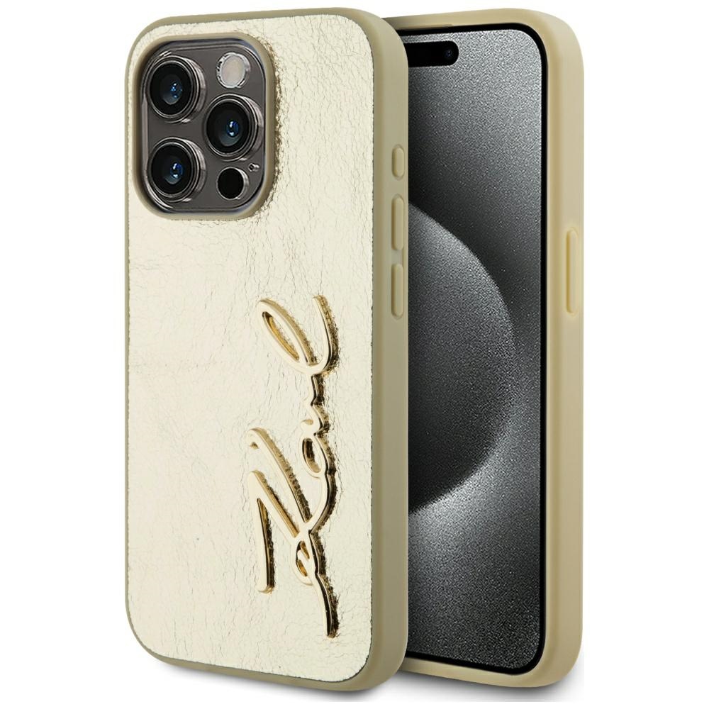 Levně Karl Lagerfeld Hardcase Leather iPhone 15 Pro Zlatý Metalický Podpis