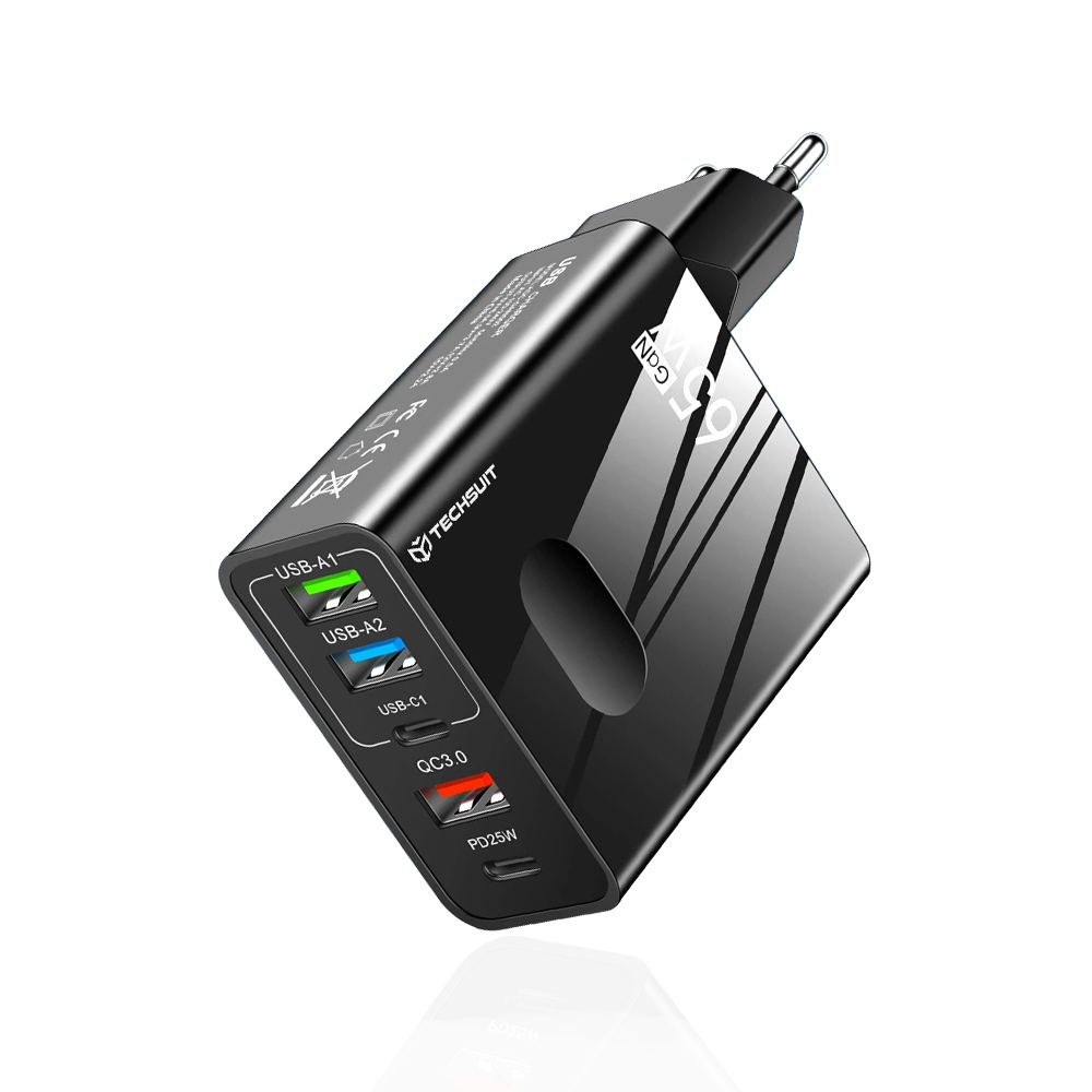 Levně Techsuit Premium Wall Charger PentaXPower 3x USB 2x Type-C PD 25W 65W GaN Rychlé Nabíjení Černá