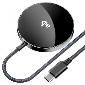 Acefast Magnetic Wireless Charger E24 MagSafe Rychlé Nabíjení Qi2 Type-C 15W 2.25A Tvrzené Sklo 1.2m Kovově Šedá