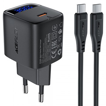 Acefast Wall Charger A115 s digitálním displejem rychlé nabíjení GaN Type-C PD30W s USB-C kabelem 1.2m černá
