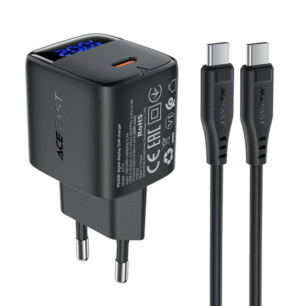 Levně Acefast Wall Charger A113 s digitálním displejem rychlé nabíjení GaN USB-C PD20W s kabelem Type-C 1m černá